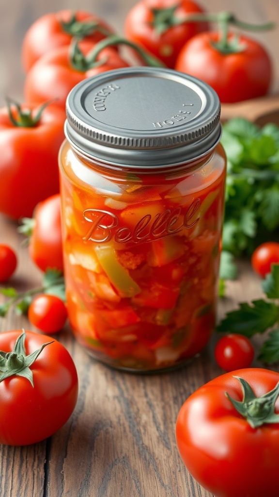 A jar of homemade tomato relish with fresh tomatoes and herbs on a wooden table.
